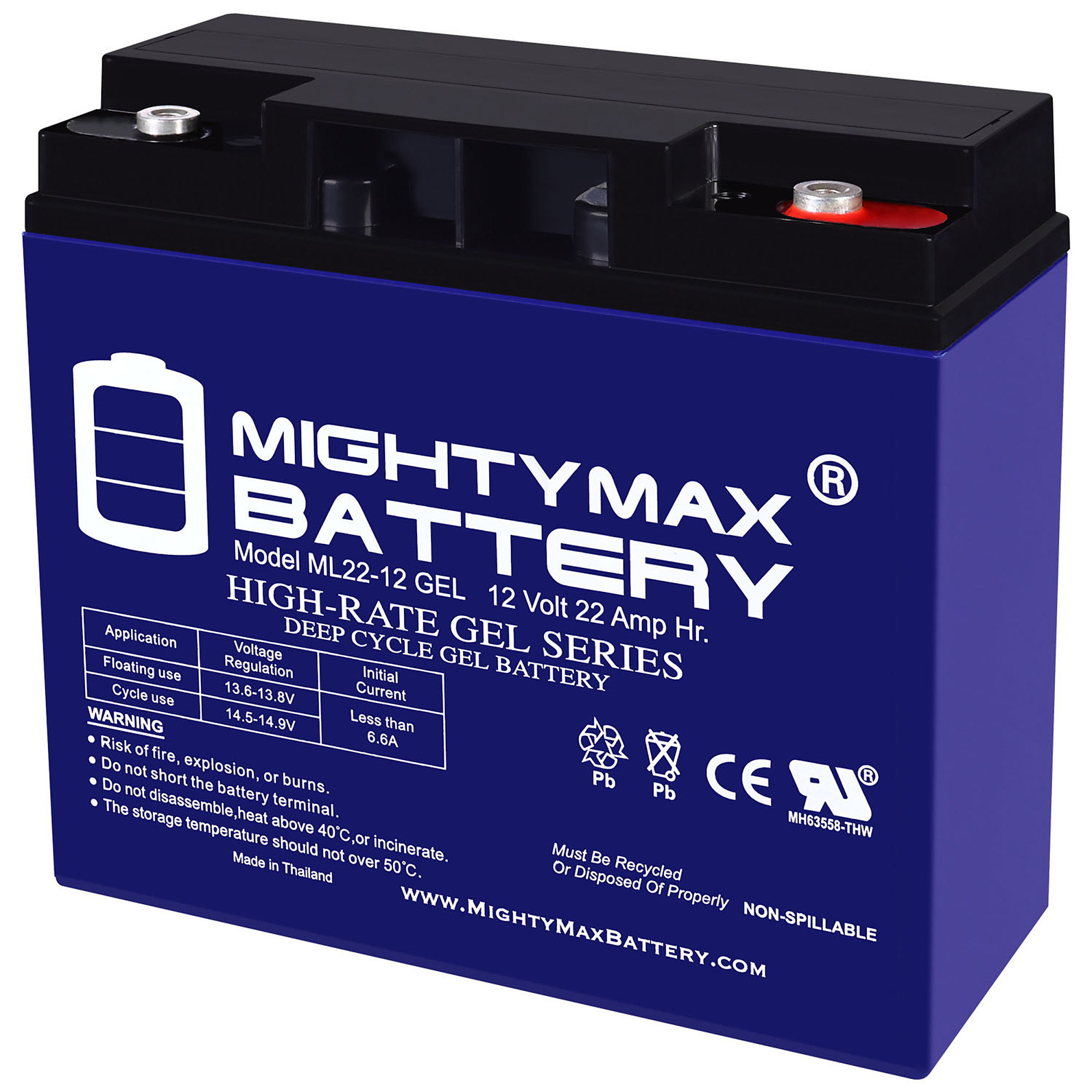 Mighty Max Battery ML22-12 GEL — 12 Volt, 22Ah, Internal Thread Terminal, Rechargeable SLA AGM, Model# MAX3515108